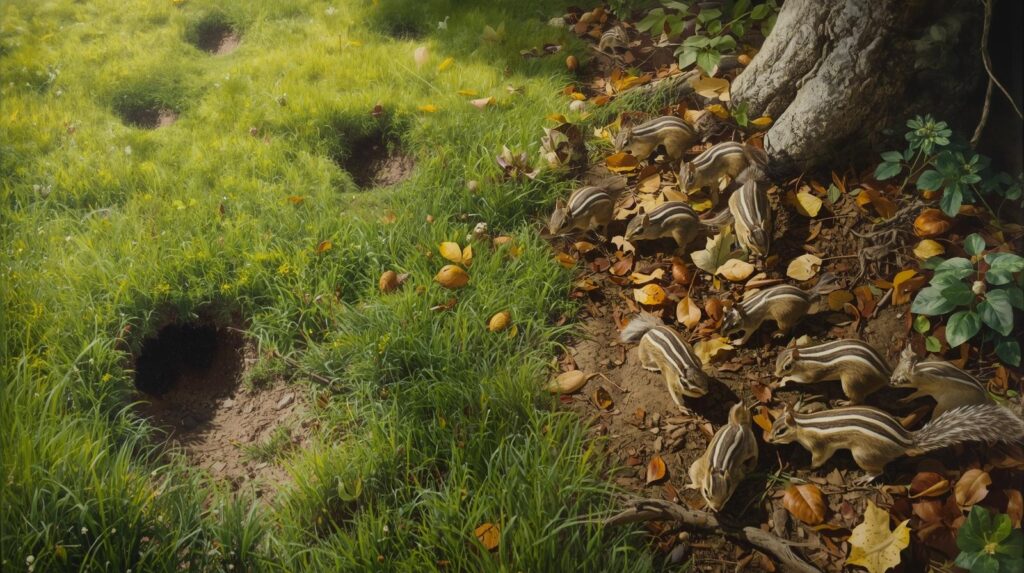 Ground squirrel burrows in field and chipmunks in woodland edge.