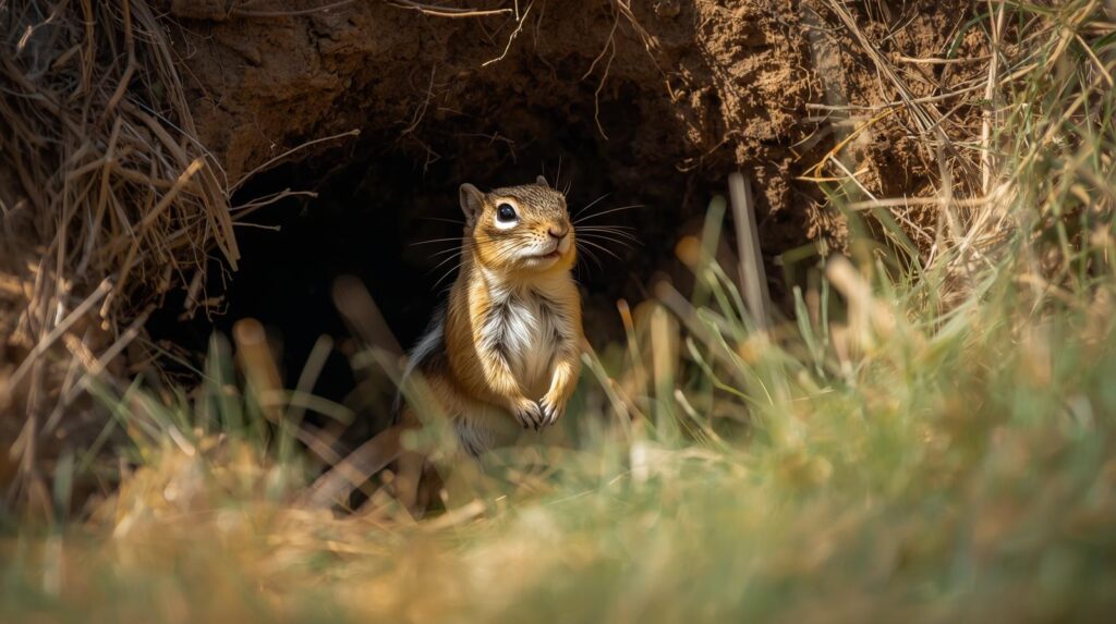 Ground squirrel standing near burrow in grassy field.